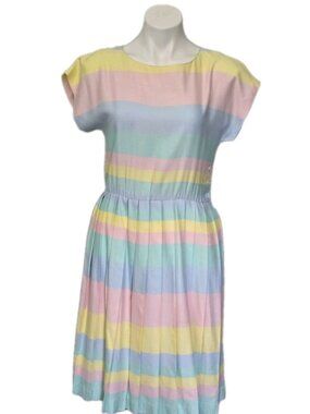 Vintage 1980s Lanz Pastel Candy Rainbow Pleated Summer Dress, 30 in waist